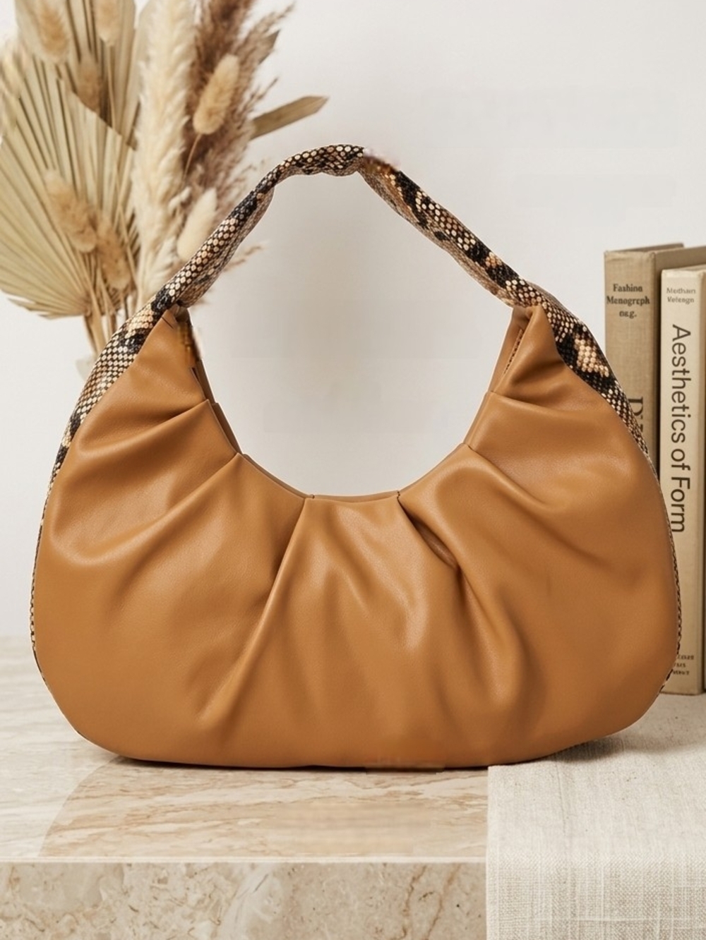 INC International Concepts  Women's Camel Leather Snake Trim Hobo Purse